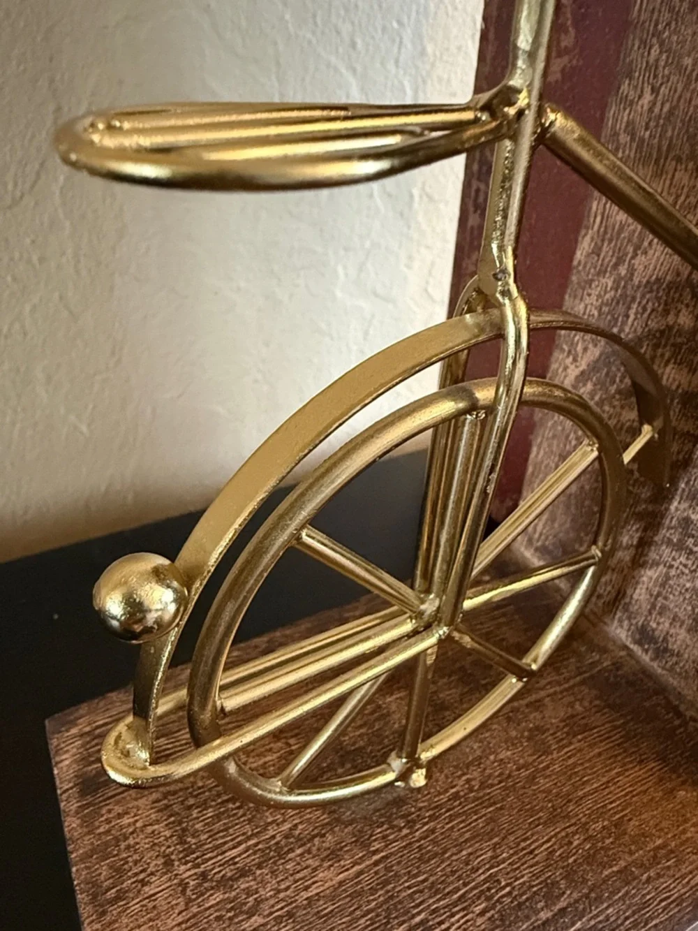 Vintage inspired Gold Metal Bicycle Bookends with Rustic Wood Base - Pair